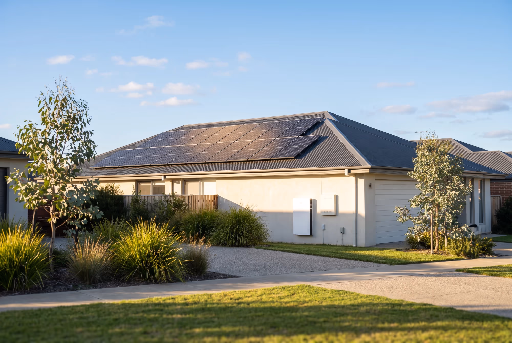 A Victorian home with rooftop solar panels and a home battery